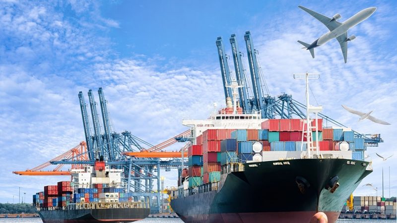 Container Cargo ship and Cargo plane for logistic import export background and transport industry.